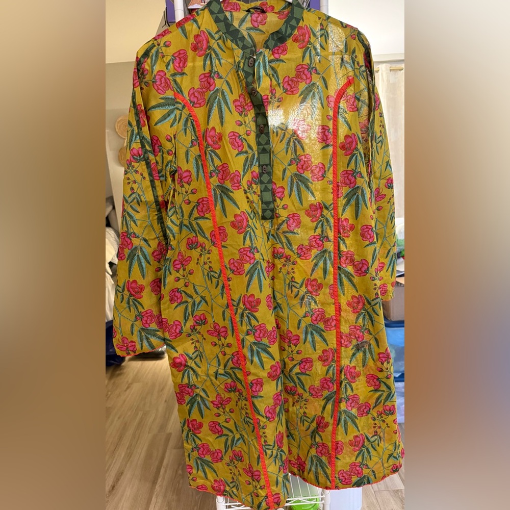 Floral Yellow Tunic with Pink and Green Accents
